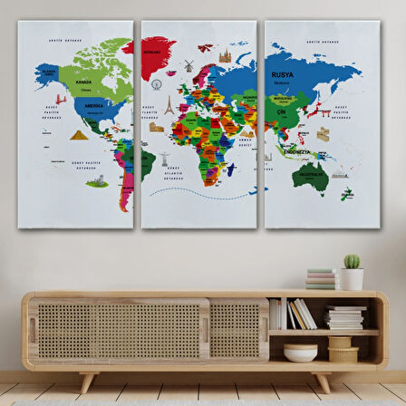 Ülke Başkent Sembollü Eğitici Türkçe Dünya Haritası Dekoratif Kanvas Tablo, Duvar Dekoru 2330