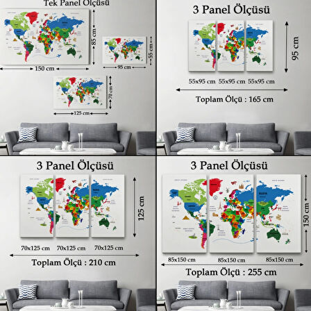 Ülke Başkent Sembollü Eğitici Türkçe Dünya Haritası Dekoratif Kanvas Tablo, Duvar Dekoru 2330