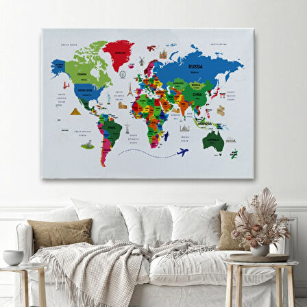 Ülke Başkent Sembollü Eğitici İngilizce Dünya Haritası Dekoratif Kanvas Tablo, Duvar Dekoru 2331