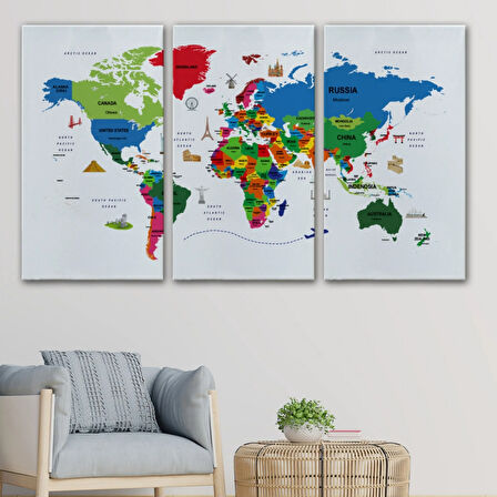 Ülke Başkent Sembollü Eğitici İngilizce Dünya Haritası Dekoratif Kanvas Tablo, Duvar Dekoru 2331