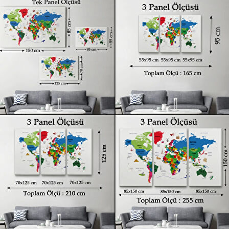 Ülke Başkent Sembollü Eğitici İngilizce Dünya Haritası Dekoratif Kanvas Tablo, Duvar Dekoru 2331