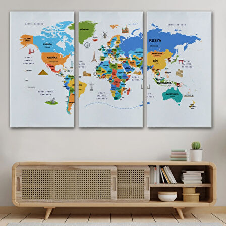 Ülke Başkent Sembollü Eğitici Türkçe Dünya Haritası Dekoratif Kanvas Tablo, Duvar Dekoru 2334