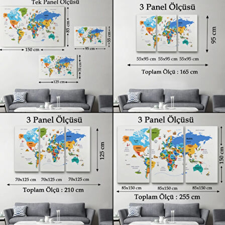Ülke Başkent Sembollü Eğitici Türkçe Dünya Haritası Dekoratif Kanvas Tablo, Duvar Dekoru 2334