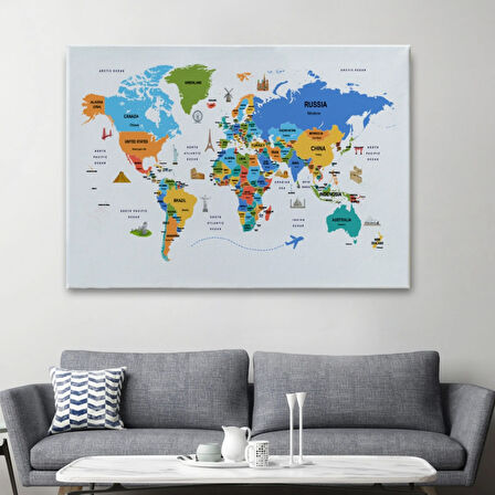 Ülke Başkent Sembollü Eğitici İngilizce Dünya Haritası Dekoratif Kanvas Tablo, Duvar Dekoru 2335