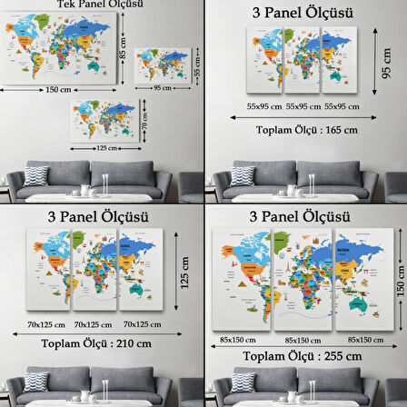 Ülke Başkent Sembollü Eğitici İngilizce Dünya Haritası Dekoratif Kanvas Tablo, Duvar Dekoru 2335