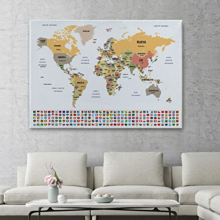 Ülke Bayraklı Eğitici Türkçe Dünya Haritası, Harita Dekoratif Kanvas Tablo, Duvar Dekoru 2380