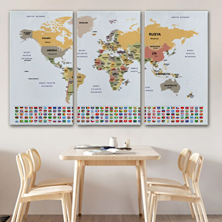 Ülke Bayraklı Eğitici Türkçe Dünya Haritası, Harita Dekoratif Kanvas Tablo, Duvar Dekoru 2380