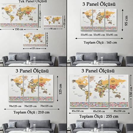 Ülke Bayraklı Eğitici Türkçe Dünya Haritası, Harita Dekoratif Kanvas Tablo, Duvar Dekoru 2380