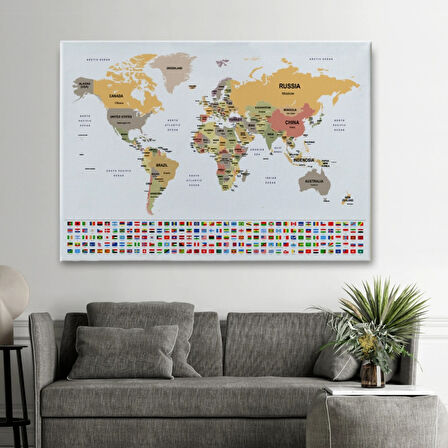 Ülke Bayraklı Eğitici İngilizce Dünya Haritası, Harita Dekoratif Kanvas Tablo, Duvar Dekoru 2381