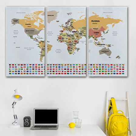 Ülke Bayraklı Eğitici İngilizce Dünya Haritası, Harita Dekoratif Kanvas Tablo, Duvar Dekoru 2381