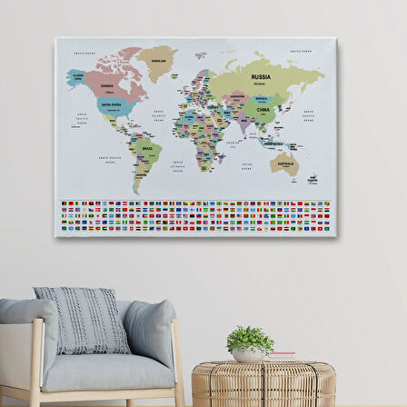 Ülke Bayraklı Eğitici İngilizce Dünya Haritası, Harita Dekoratif Kanvas Tablo, Duvar Dekoru 2385