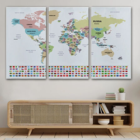 Ülke Bayraklı Eğitici İngilizce Dünya Haritası, Harita Dekoratif Kanvas Tablo, Duvar Dekoru 2385