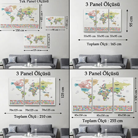 Ülke Bayraklı Eğitici İngilizce Dünya Haritası, Harita Dekoratif Kanvas Tablo, Duvar Dekoru 2385