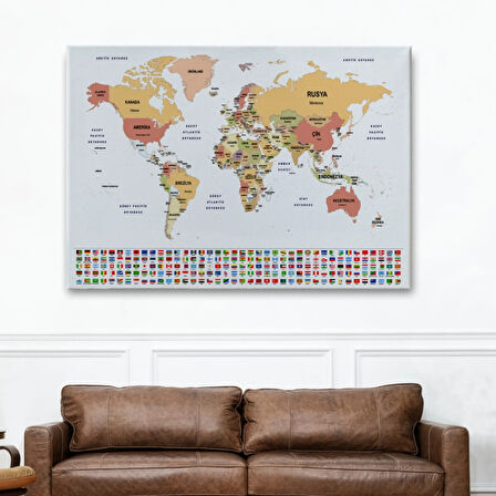 Ülke Bayraklı Eğitici Türkçe Dünya Haritası, Harita Dekoratif Kanvas Tablo, Duvar Dekoru 2386