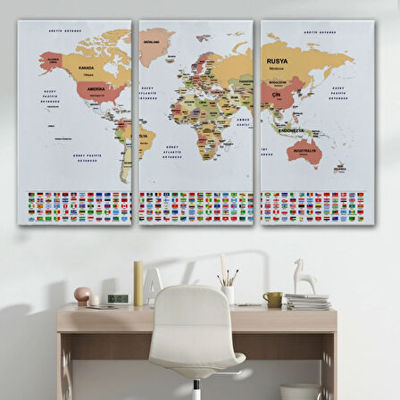 Ülke Bayraklı Eğitici Türkçe Dünya Haritası, Harita Dekoratif Kanvas Tablo, Duvar Dekoru 2386