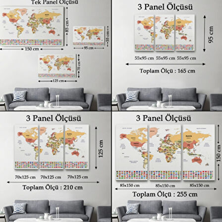 Ülke Bayraklı Eğitici Türkçe Dünya Haritası, Harita Dekoratif Kanvas Tablo, Duvar Dekoru 2386
