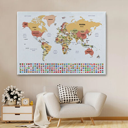 Ülke Bayraklı Eğitici İngilizce Dünya Haritası, Harita Dekoratif Kanvas Tablo, Duvar Dekoru 2387