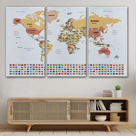 Ülke Bayraklı Eğitici İngilizce Dünya Haritası, Harita Dekoratif Kanvas Tablo, Duvar Dekoru 2387