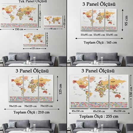 Ülke Bayraklı Eğitici İngilizce Dünya Haritası, Harita Dekoratif Kanvas Tablo, Duvar Dekoru 2387