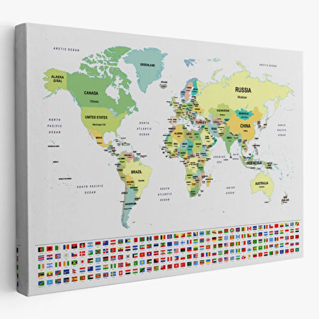 Ülke Bayraklı Eğitici İngilizce Dünya Haritası, Harita Dekoratif Kanvas Tablo, Duvar Dekoru 2389