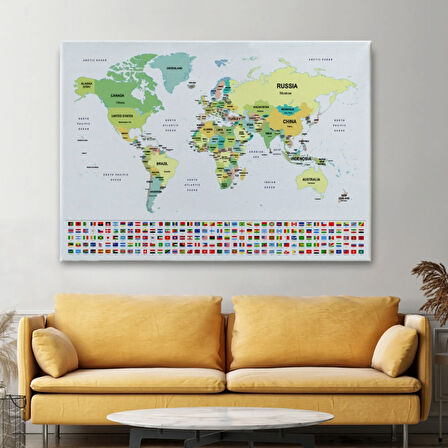 Ülke Bayraklı Eğitici İngilizce Dünya Haritası, Harita Dekoratif Kanvas Tablo, Duvar Dekoru 2389