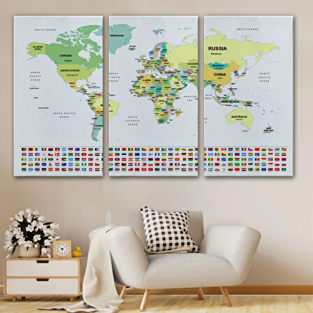 Ülke Bayraklı Eğitici İngilizce Dünya Haritası, Harita Dekoratif Kanvas Tablo, Duvar Dekoru 2389