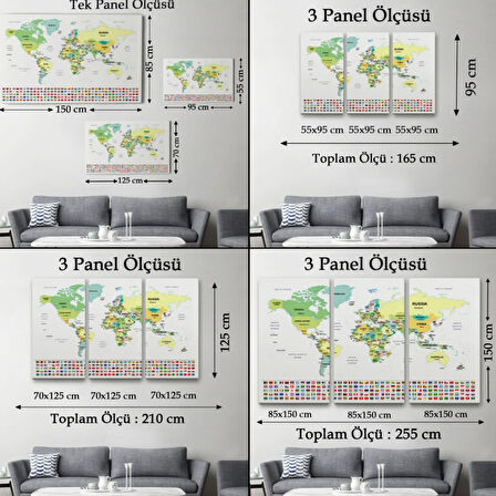 Ülke Bayraklı Eğitici İngilizce Dünya Haritası, Harita Dekoratif Kanvas Tablo, Duvar Dekoru 2389