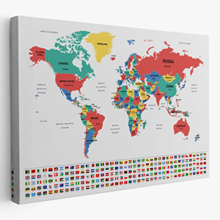 Ülke Bayraklı Eğitici İngilizce Dünya Haritası, Harita Dekoratif Kanvas Tablo, Duvar Dekoru 2393