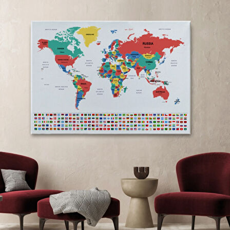 Ülke Bayraklı Eğitici İngilizce Dünya Haritası, Harita Dekoratif Kanvas Tablo, Duvar Dekoru 2393