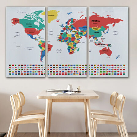 Ülke Bayraklı Eğitici İngilizce Dünya Haritası, Harita Dekoratif Kanvas Tablo, Duvar Dekoru 2393