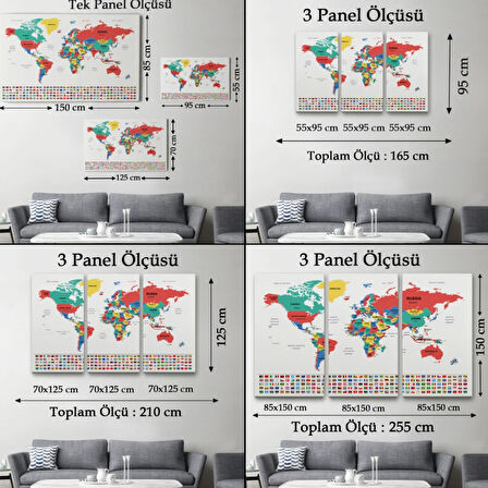 Ülke Bayraklı Eğitici İngilizce Dünya Haritası, Harita Dekoratif Kanvas Tablo, Duvar Dekoru 2393