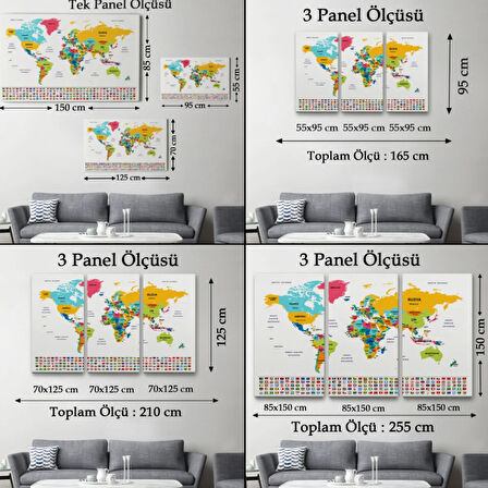 Ülke Bayraklı Eğitici Türkçe Dünya Haritası, Harita Dekoratif Kanvas Tablo, Duvar Dekoru 2394
