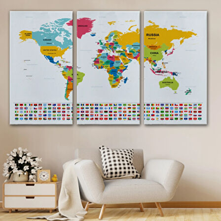 Ülke Bayraklı Eğitici İngilizce Dünya Haritası, Harita Dekoratif Kanvas Tablo, Duvar Dekoru 2395