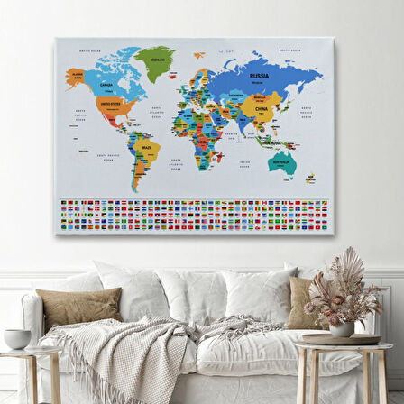 Ülke Bayraklı Eğitici İngilizce Dünya Haritası, Harita Dekoratif Kanvas Tablo, Duvar Dekoru 2413