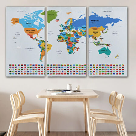 Ülke Bayraklı Eğitici İngilizce Dünya Haritası, Harita Dekoratif Kanvas Tablo, Duvar Dekoru 2413