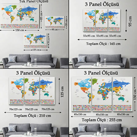 Ülke Bayraklı Eğitici İngilizce Dünya Haritası, Harita Dekoratif Kanvas Tablo, Duvar Dekoru 2413