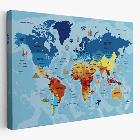 Sembollü ve Okyanuslu Eğitici Türkçe Dünya Haritası Dekoratif Kanvas Tablo, Duvar Dekoru 2422