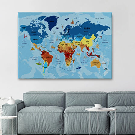 Sembollü ve Okyanuslu Eğitici Türkçe Dünya Haritası Dekoratif Kanvas Tablo, Duvar Dekoru 2422