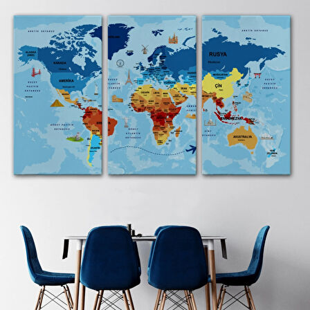 Sembollü ve Okyanuslu Eğitici Türkçe Dünya Haritası Dekoratif Kanvas Tablo, Duvar Dekoru 2422