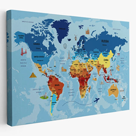 Sembollü ve Okyanuslu Eğitici İngilizce Dünya Haritası Dekoratif Kanvas Tablo, Duvar Dekoru 2423