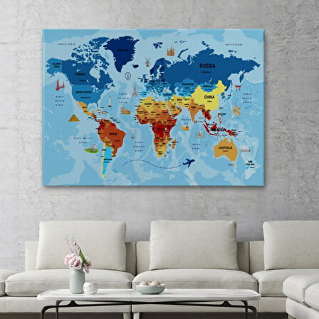 Sembollü ve Okyanuslu Eğitici İngilizce Dünya Haritası Dekoratif Kanvas Tablo, Duvar Dekoru 2423