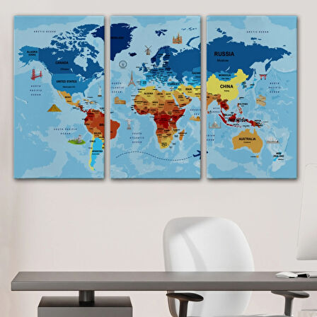 Sembollü ve Okyanuslu Eğitici İngilizce Dünya Haritası Dekoratif Kanvas Tablo, Duvar Dekoru 2423