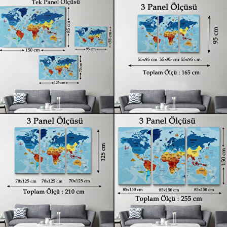 Sembollü ve Okyanuslu Eğitici İngilizce Dünya Haritası Dekoratif Kanvas Tablo, Duvar Dekoru 2423