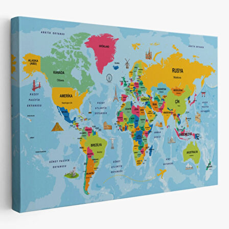 Sembollü ve Okyanuslu Eğitici Türkçe Dünya Haritası Dekoratif Kanvas Tablo, Duvar Dekoru 2470