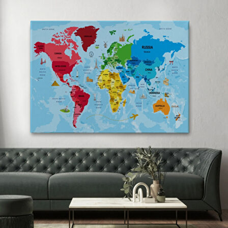 Sembollü ve Okyanuslu Eğitici Türkçe Dünya Haritası Dekoratif Kanvas Tablo, Duvar Dekoru 2480