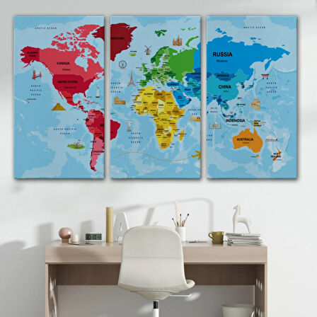 Sembollü ve Okyanuslu Eğitici Türkçe Dünya Haritası Dekoratif Kanvas Tablo, Duvar Dekoru 2480