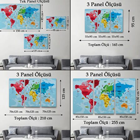 Sembollü ve Okyanuslu Eğitici Türkçe Dünya Haritası Dekoratif Kanvas Tablo, Duvar Dekoru 2480