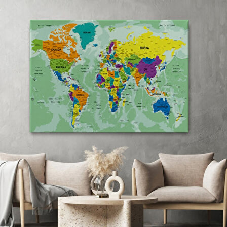 Okyanus Detaylı Eğitici Öğretici Türkçe Dünya Haritası Dekoratif Kanvas Tablo, Duvar Dekoru 2502