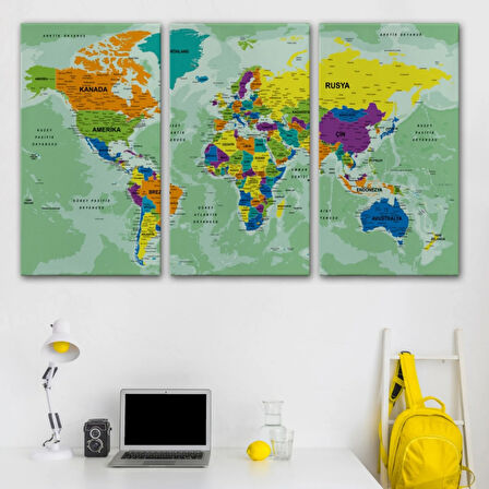 Okyanus Detaylı Eğitici Öğretici Türkçe Dünya Haritası Dekoratif Kanvas Tablo, Duvar Dekoru 2502