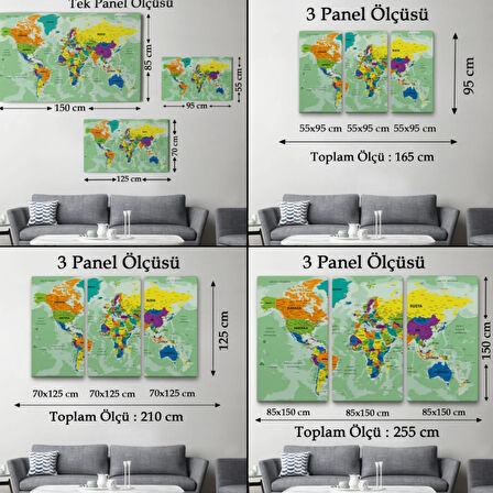 Okyanus Detaylı Eğitici Öğretici Türkçe Dünya Haritası Dekoratif Kanvas Tablo, Duvar Dekoru 2502